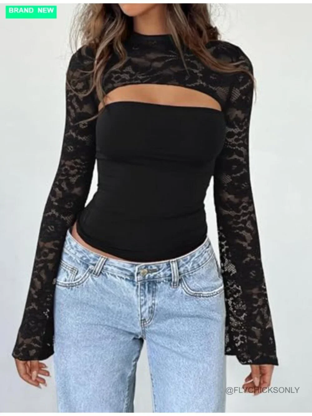 Lace Mesh Long Sleeve Crop Top Y2K Going Out